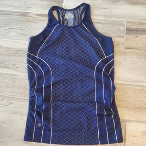Athleta Finish Fast Line Navy White Racerback Tank Top Medium Ruched Athletic